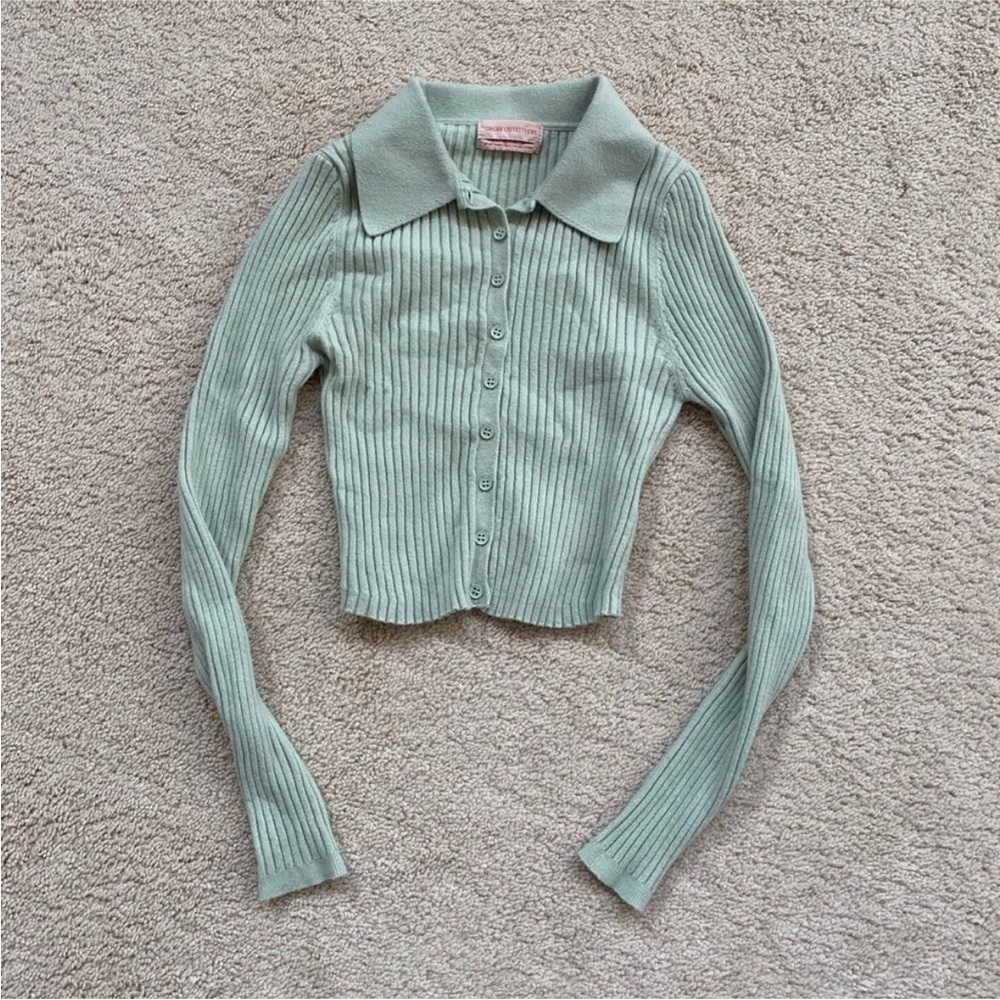 Urban Outfitters Light Sage Green Collared Long Sleeve Career Top